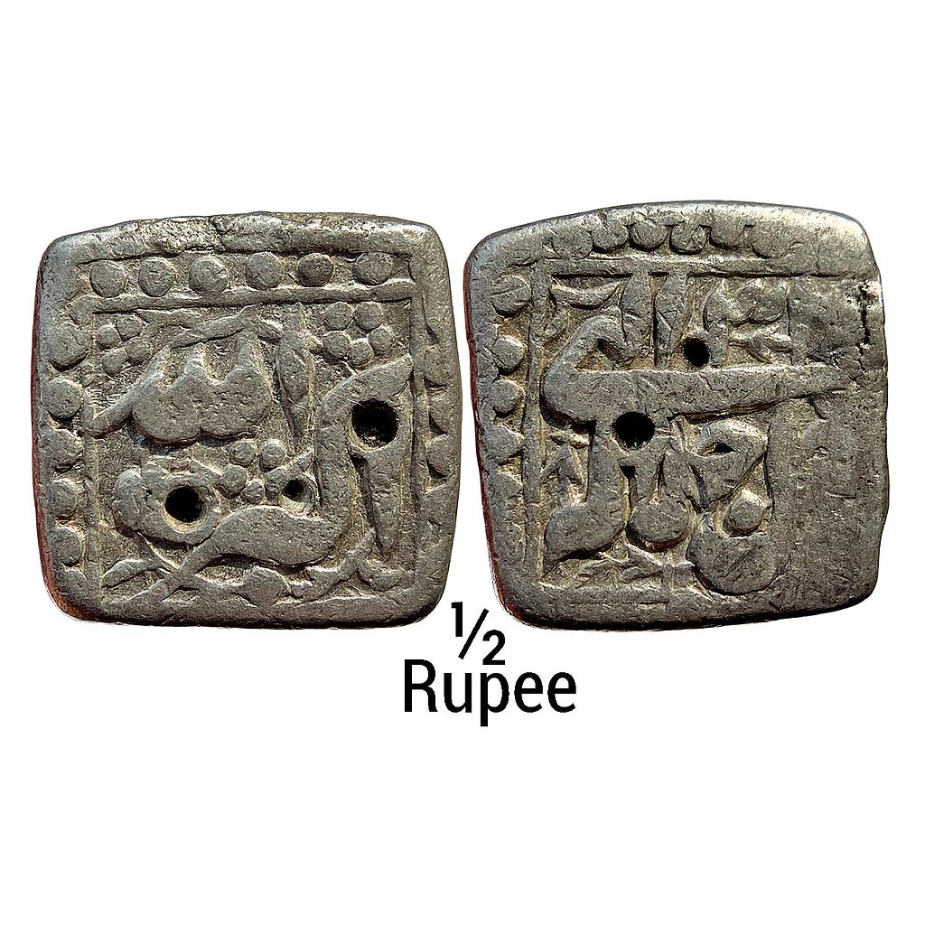 Mughal Akbar Mintless &amp; Monthless Type Silver Square 1/2 Rupee
