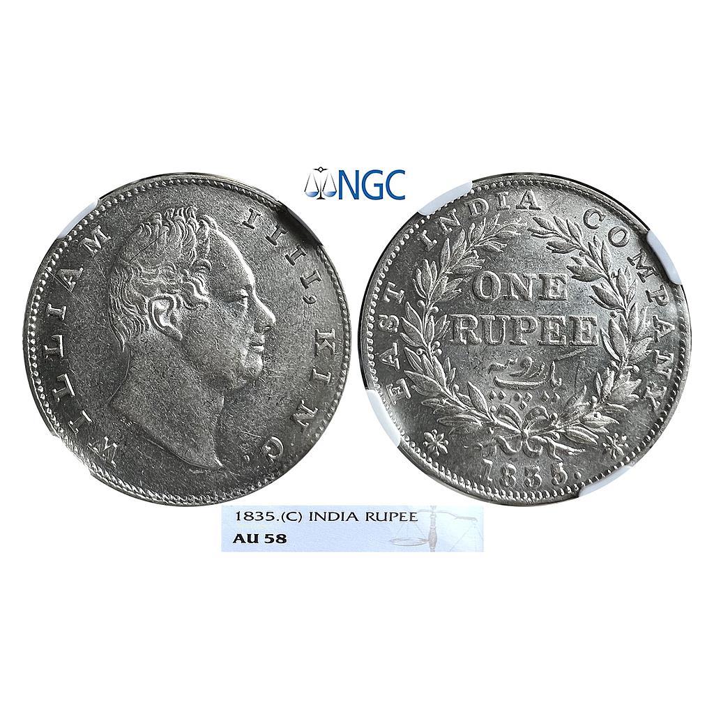 EIC William IV 1835 AD RS incuse B / II Bud leaves 20 Berries Calcutta Mint Silver Rupee NGC Graded AU 58