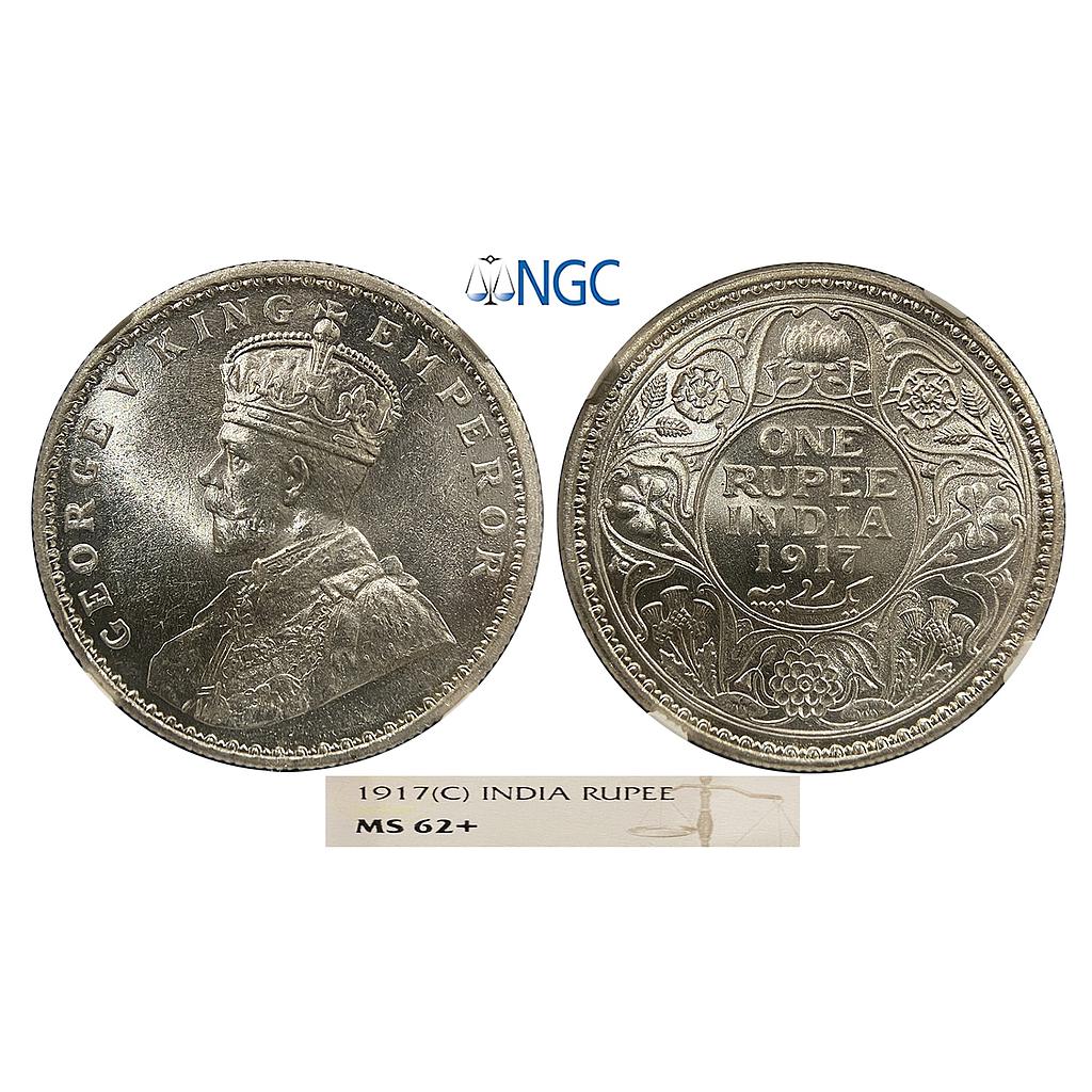 British India George V 1917 AD Calcutta Mint Silver Rupee NGC Graded MS 62+