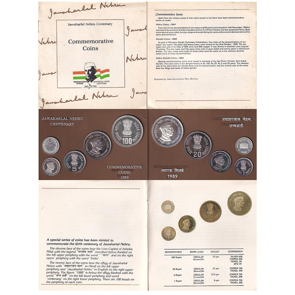 Republic India 1989 AD Proof Set Jawaharlal Nehru Centenary Set of 4 Rupee 1, 5, 20 &amp; 100