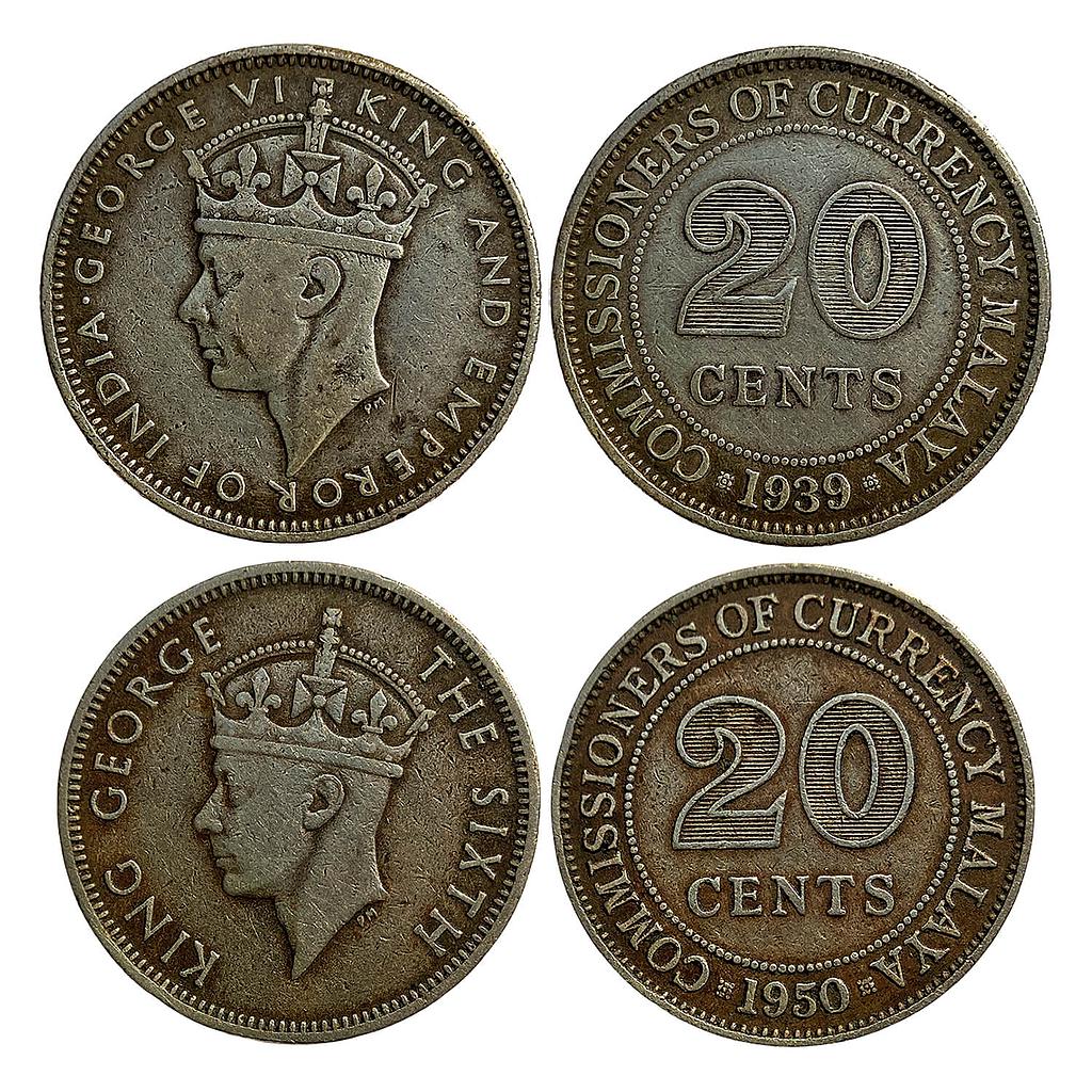 Ceylon George VI Set of 2 Coins 1939 AD 1950 AD Silver 20 Cents Cupro-Nickel 20 Cents