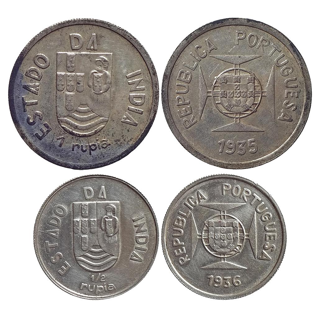 Indo Portuguese 1935 AD 1936 AD Set of 2 coins Silver Rupia &amp; 1/2 Rupia
