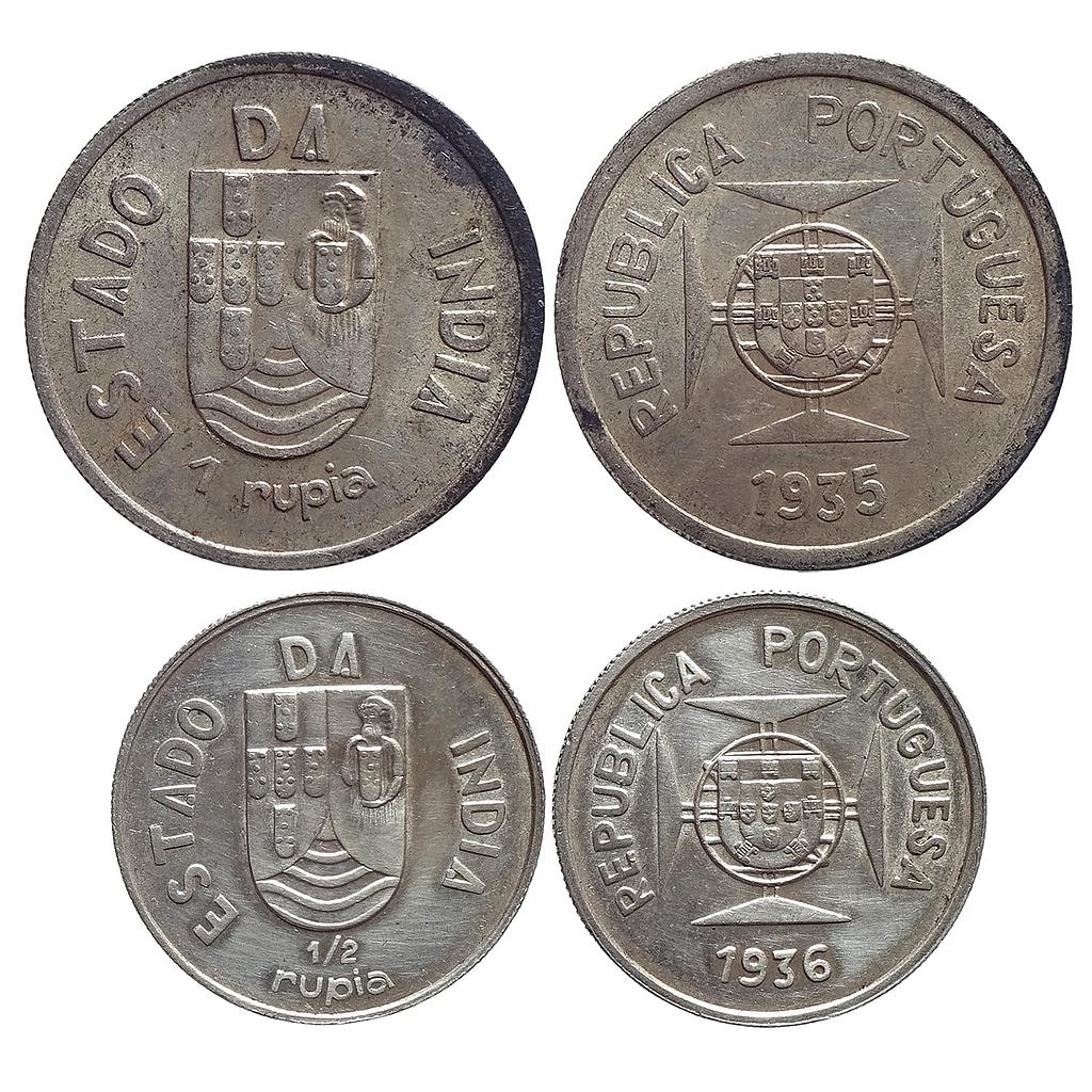 Indo Portuguese 1935 AD 1936 AD Set of 2 Coins Silver Rupia &amp; 1/2 Rupia
