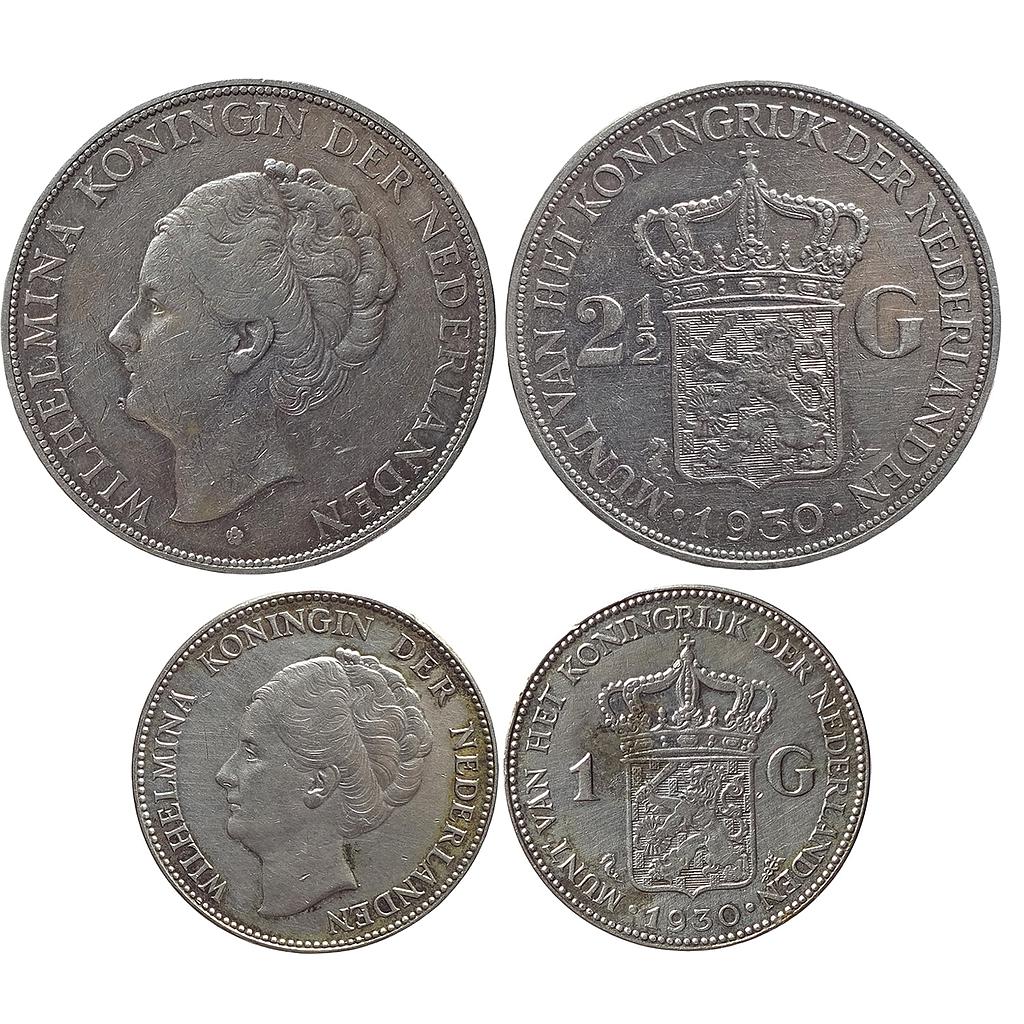 Netherlands Queen Wilhelmina Set of 2 coins Silver 2½ Gulden Silver 1 Gulden(0.720)