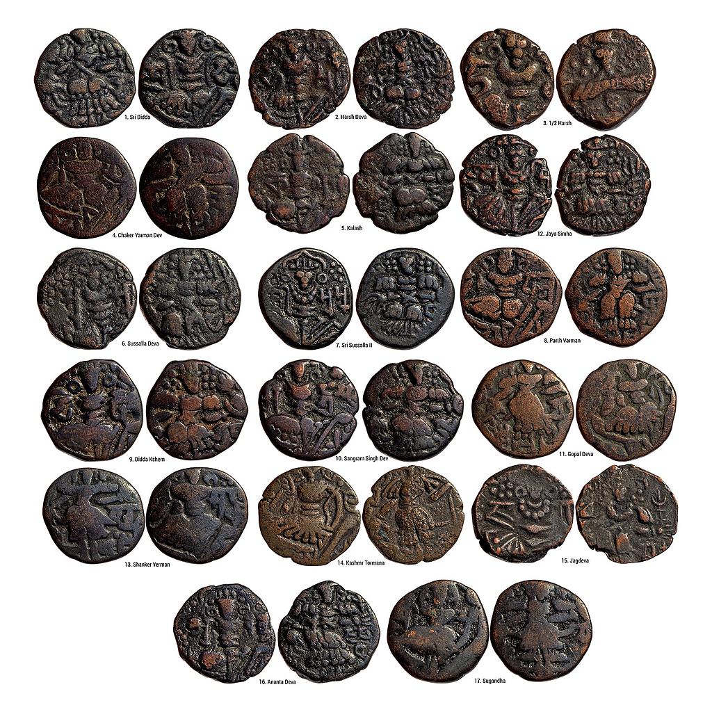 Hindu Medieval Kashmir Rajas A lot of 17 coins of 16 different rulers Copper Dramma