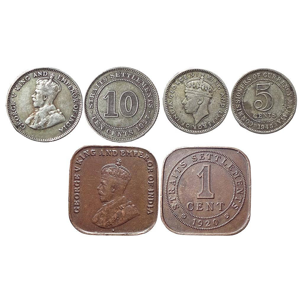 Malaysia British Malaysia Straits Settlement George V &amp; VI 1920 1945 1927 AD Set of 3 Coins 10 Cent Silver (.600) 5 Cent Silver (.500) 1 Cent Copper