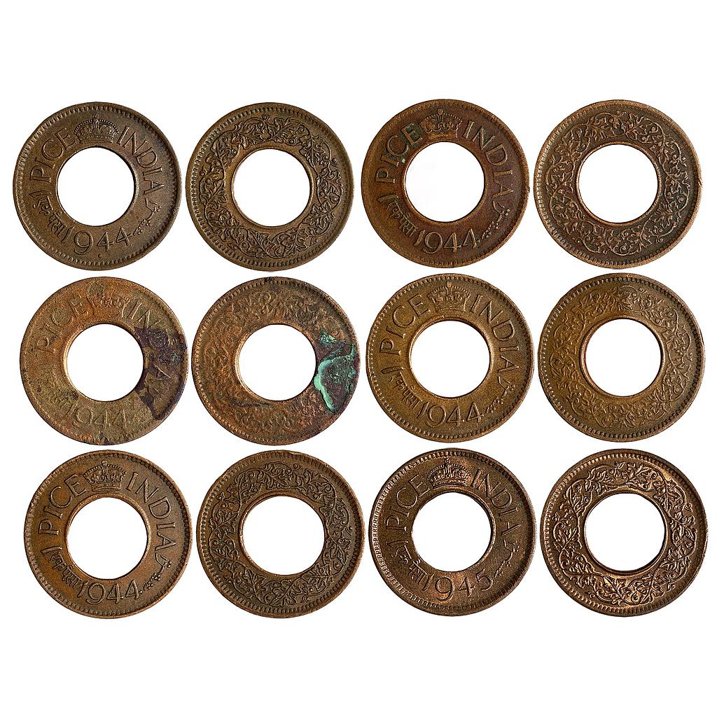 British India George VI 1944 (5) &amp; 1945 AD Set of 6 Coins Copper Pice