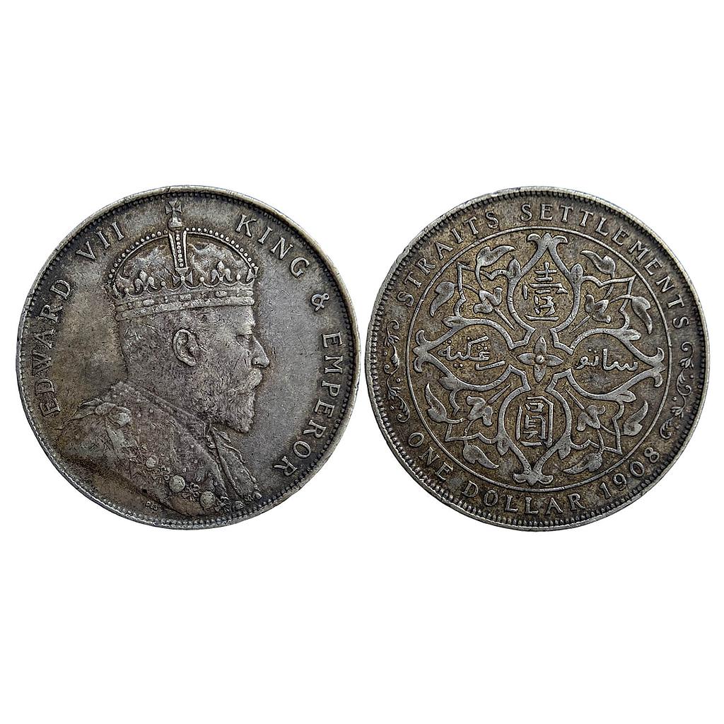 Malaysia Straits Settlements Edward VII 1908 AD Silver .900 One Dollar