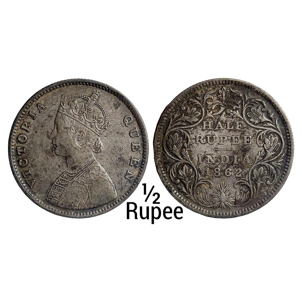 British India Victoria Queen 1862 AD C / II Calcutta Mint Silver 1/2 Rupee