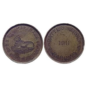 Mysore State Krishnaraja Wadiyar IV Cattle show Harihar 1911 AD Silver Token