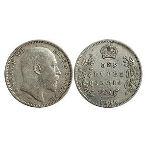 British India Edward VII 1908 AD Bombay Mint B incuse with dot on the vine and 8 over 7 in