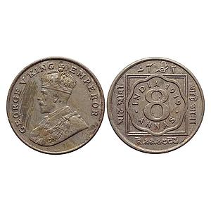 British India George V 1919 AD Calcutta Mint Cupro-Nickel 8 Annas