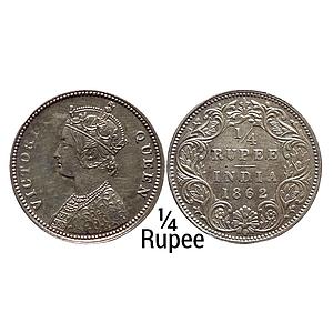 British India Victoria Queen 1862 AD Calcutta Mint A / I No mint mark Silver 1/4 Rupee