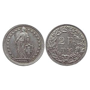 Switzerland Helvetia 1944 AD Silver .835 16.5% copper 2 Francs