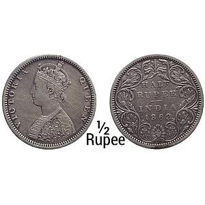 British India Victoria Queen 1862 AD B2 / II Elongated pearls in the crown Madras Mint Sil