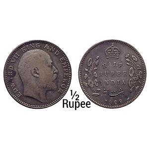 British India Edward VII 1909 AD No mint mark Calcutta Mint Silver 1/2 Rupee