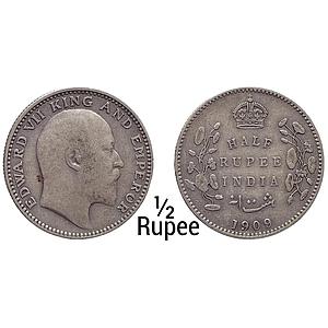 British India Edward VII 1909 AD No mint mark Calcutta Mint Silver 1/2 Rupee