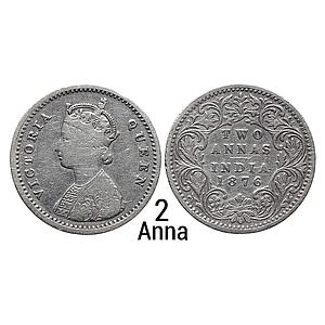 British India Victoria Queen 1876 AD Calcutta Mint A I No mint mark Silver 2 Annas