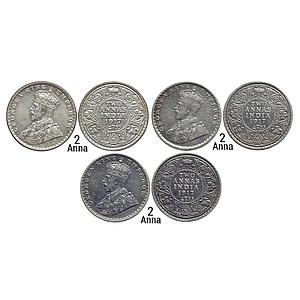 British India George V 1917 AD Set of 3 Coins Calcutta Mint Silver 2 Annas
