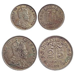 Ceylon, (Sri Lanka), Edward VII, 10 & 25 Cents, Set of 2 coins
