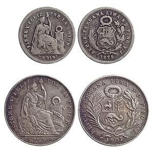 Peru, Silver, 1 Dinero & 1/5 Sol, set of 2 coins