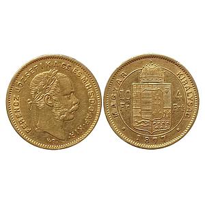 Francois Joseph Ier 1877 AD Gold 10 francs 4 forint