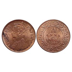 British India Victoria Empress 1901 AD Calcutta Mint Copper 1/12 Anna