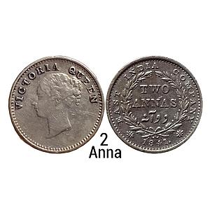 EIC Uniform Coinage Victoria Queen 1841 AD Continuous Legend Madras Mint Silver 2 Annas