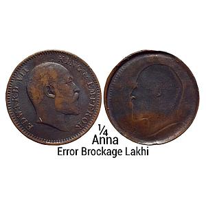 British India Edward VII Error Brockage Nice Deep and Complete Lakhi Impression Copper 1/4