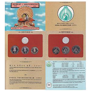 Republic India 1991 AD Proof Set Bombay Mint India Tourism Year Set of 3 Rupee 5 2 and 1
