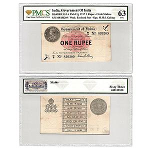 British India George V signed by M M S Gubbay 1st issue 1917 Serial No M9 830209 1 Rupee