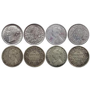 British India Victoria Queen 1840 AD 1862 AD Set of 4 Coins Silver 1/4 Rupee