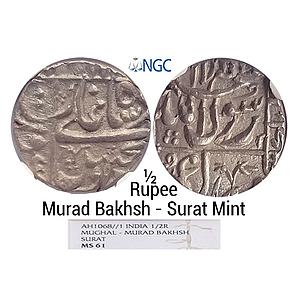 Mughal Murad Bakhsh Surat Mint Silver 1/2 Rupee