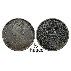 British India Victoria Empress 1877 AD A / I No mint mark Calcutta Mint Silver 1/2 Rupee