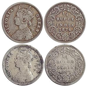 British India, Victoria Queen, 1874 AD, Calcutta Mint, A / I / No mint mark; Bombay Mint, 