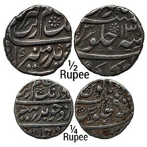 Mughal Aurangzeb Gulkanda Mint Set of 2 Coins Silver 1/2 Rupee & 1/4 Rupee