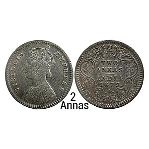 British India Victoria Empress 1879 AD Calcutta Mint B Rev. II C incuse Silver 2 Annas