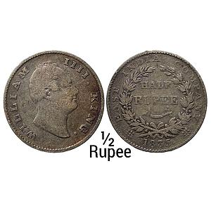 EIC William IV 1835 AD Bombay Mint No initials 20 Berries 10L+10R Silver 1/2 Rupee
