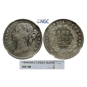 EIC Victoria Queen 1840 AD B&C Divided Legend 28 Berry Silver Rupee