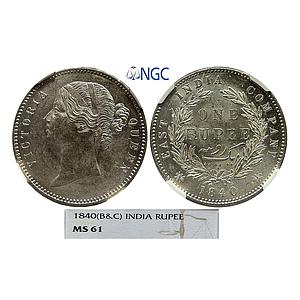 EIC Victoria Queen 1840 AD B&C Divided Legend 28 Berry Silver Rupee