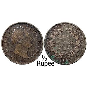 EIC William IV 1835 AD Bombay Mint No initials 20 Berries 10L+10R Silver 1/2 Rupee