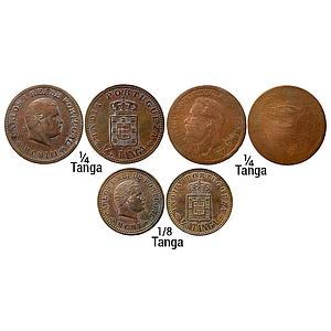 Indo Portuguese Carlos I Luiz I (Ludwig) Set of 3 Coins Copper 1/4 Tanga 1/4 Tanga 1/8 Tan