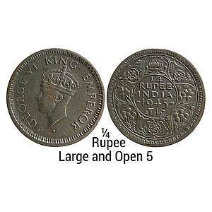 British India George VI 1945 AD Bombay Mint dot Large and Open 5 Half Silver 1/4 Rupee