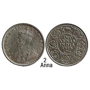 British India George V 1913 AD Bombay Mint dot Silver 2 Annas