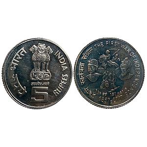 Republic India Commemorative Issue First War of Independence 150th Anniversary 5 Rupees Co