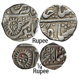 IPS Indore State INO Shah Alam II Malharnagar Mint Set of 2 coins Silver Rupee & 1/4 Rupee