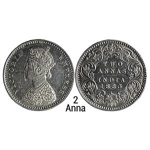 British India Victoria Empress 1883 AD Bombay Mint Obv A Rev I dot Silver 2 Annas