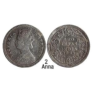British India Victoria Empress 1881 AD Calcutta Mint Obv B Rev II C incuse Silver 2 Annas