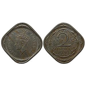 British India George VI 1939 AD Calcutta Mint head type II Cupro-Nickel 2 Annas