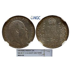 British India Edward VII 1910 AD Bombay Mint dot on the vine Silver 2 Annas